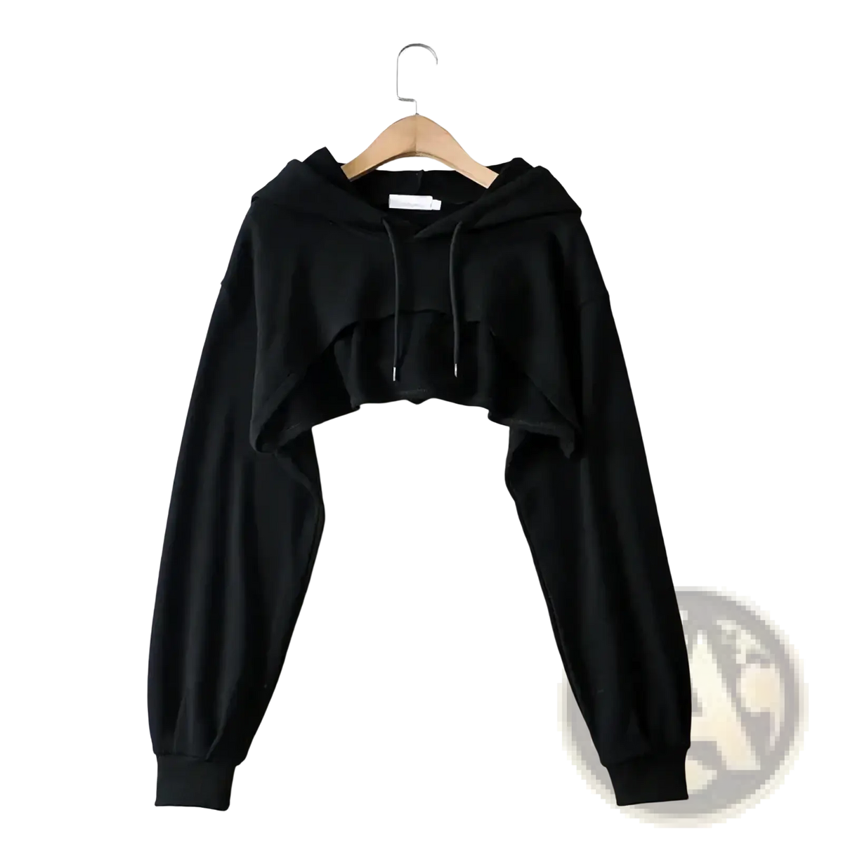 Black cropped hoodie with ruffled layer and drawstring hood in streetwear style for women