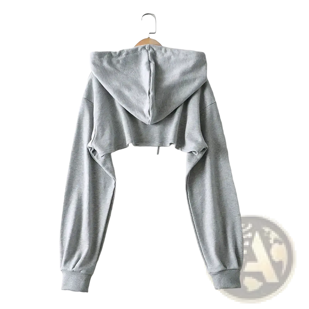Gray cropped hollow out hoodie for women with soft textured fabric and ribbed cuffs for streetwear style