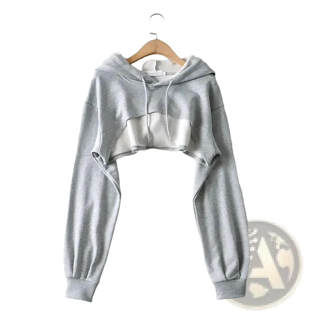 Gray cropped hollow out hoodie with white chest panel and matching drawstrings for women streetwear fashion