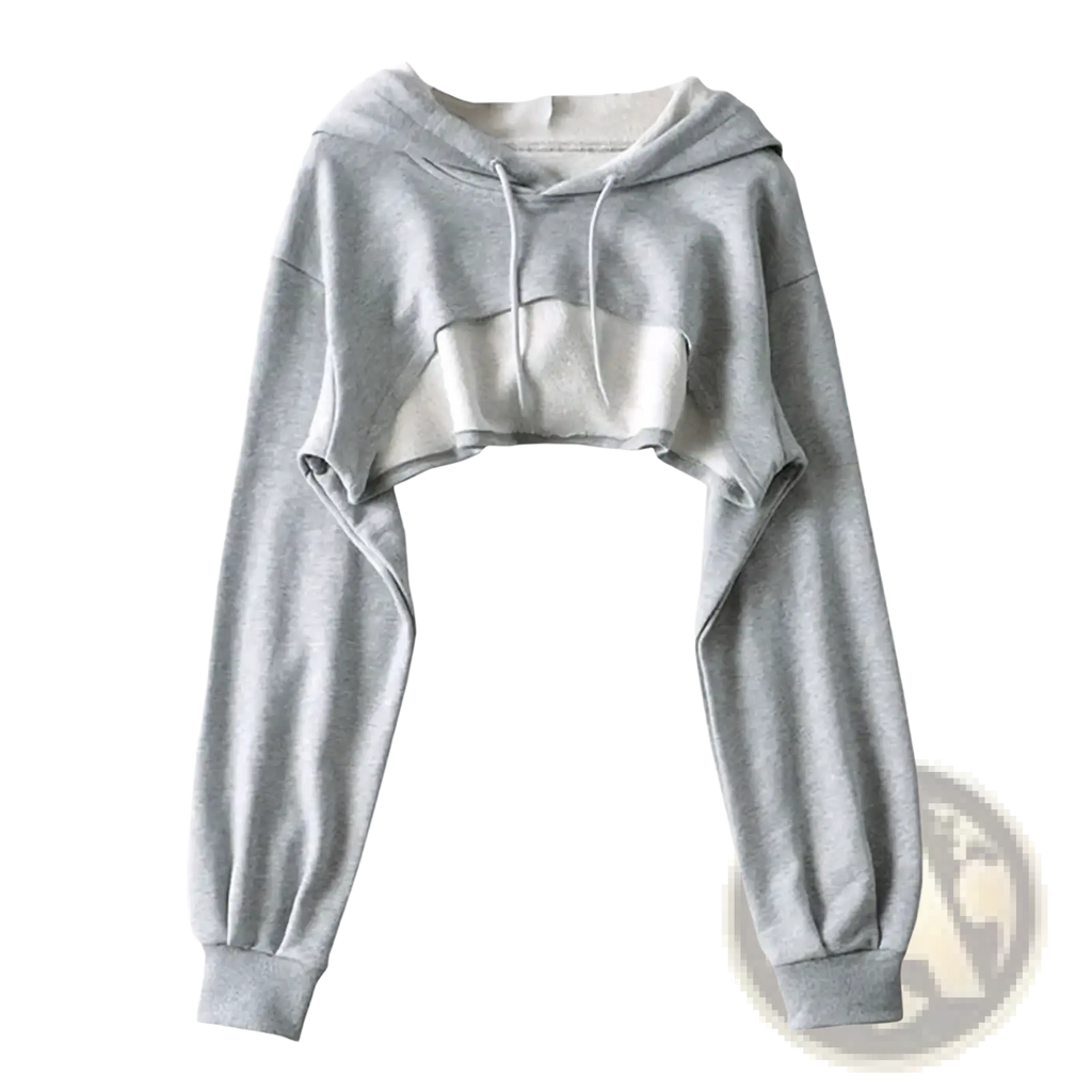 Women cropped hollow out hoodie featuring gray fabric with a white midsection panel and matching drawstrings for streetwear