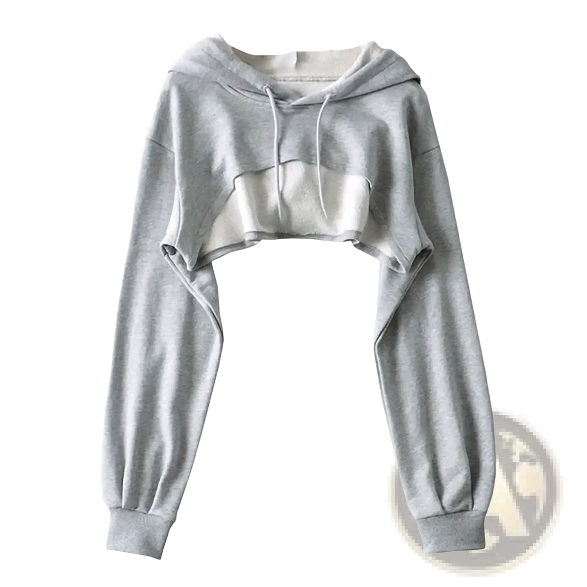 Women cropped hollow out hoodie featuring gray fabric with a white midsection panel and matching drawstrings for streetwear