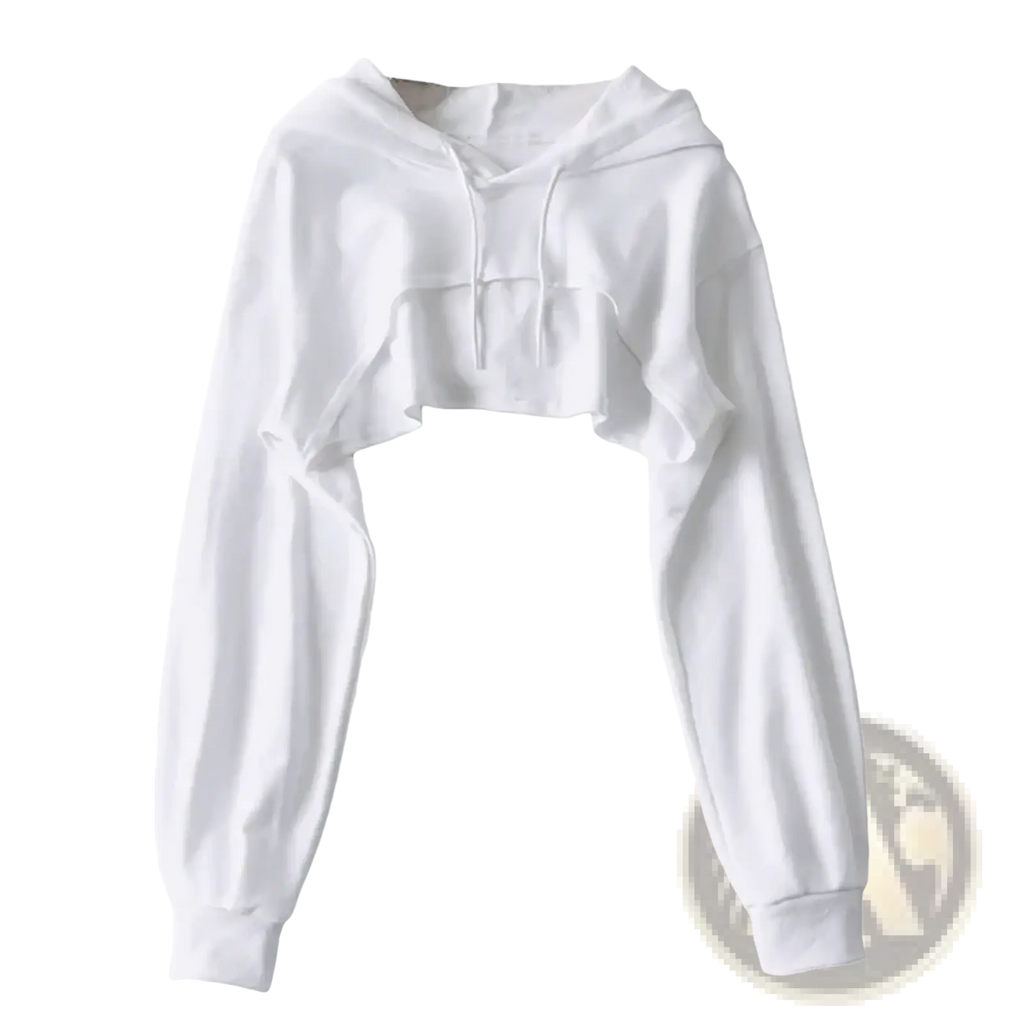 White cropped hoodie with long sleeves and ruffled hem designed for women streetwear featuring hollow out details