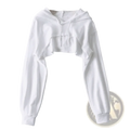 White cropped hoodie with long sleeves and ruffled hem designed for women streetwear featuring hollow out details
