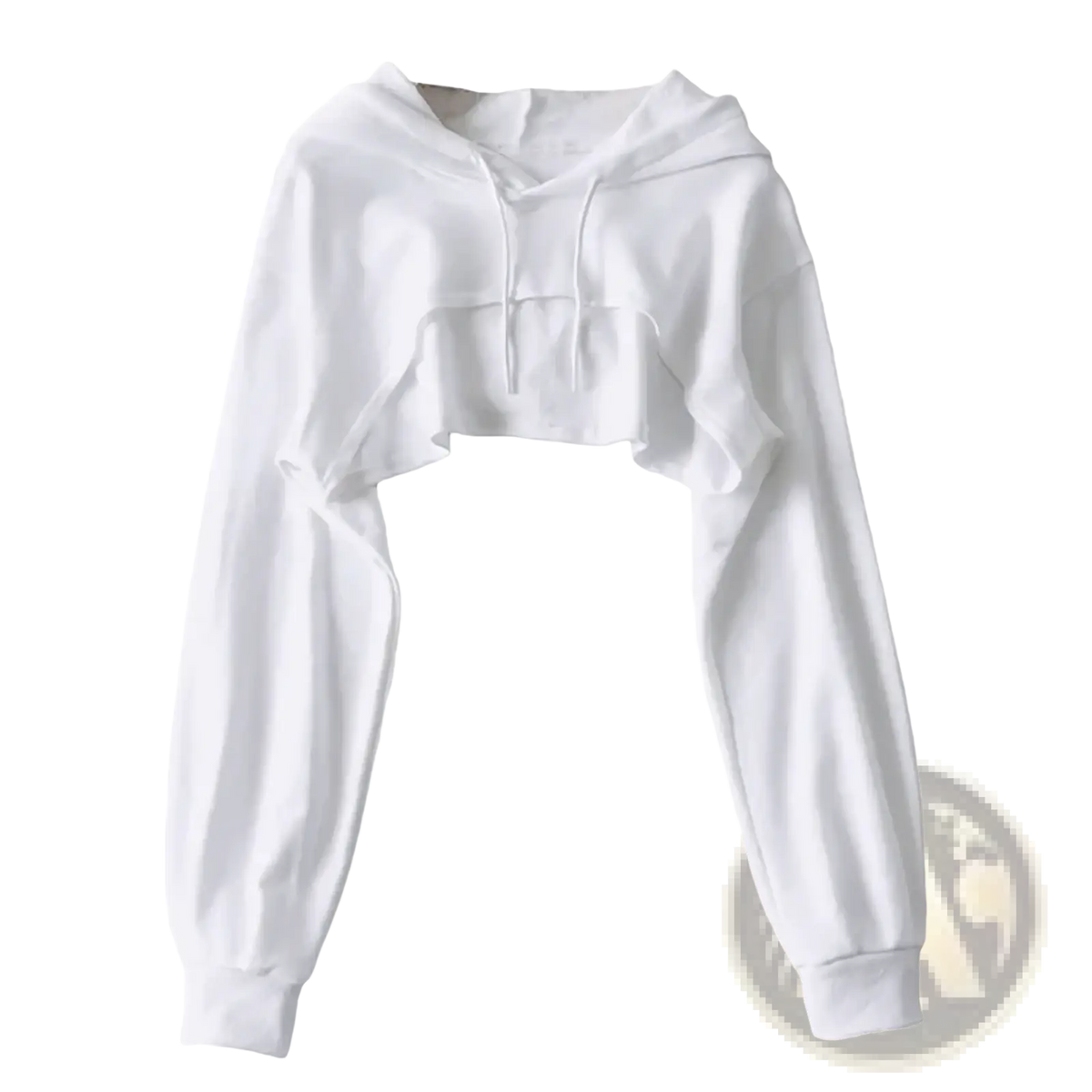 White cropped hoodie with long sleeves and ruffled hem designed for women streetwear featuring hollow out details