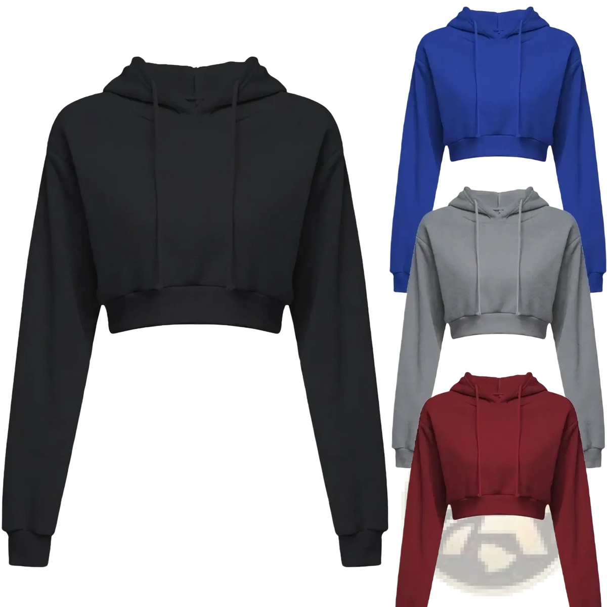 Women cropped hoodie pullover sweatshirt in black with long sleeves and drawstring hood made of soft fabric