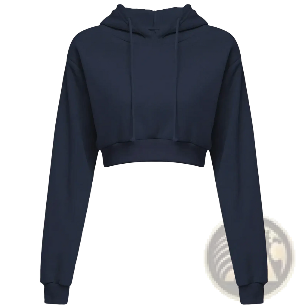 Navy blue women cropped hoodie pullover sweatshirt with long sleeves and drawstring hood in soft fabric