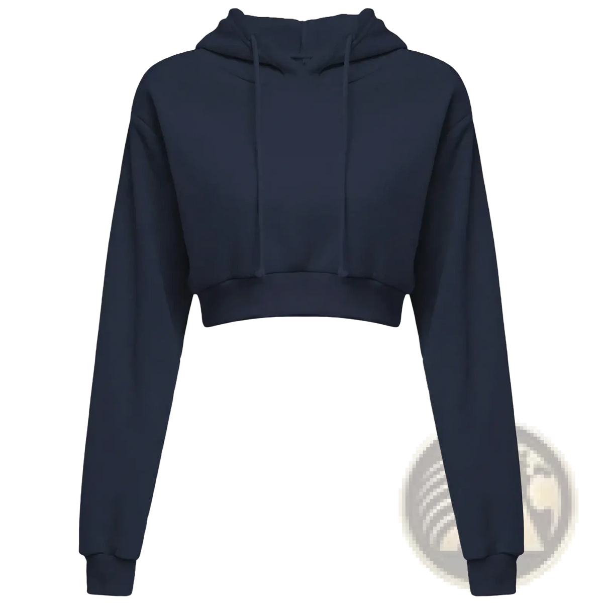 Navy blue women cropped hoodie pullover sweatshirt with long sleeves and drawstring hood in soft fabric