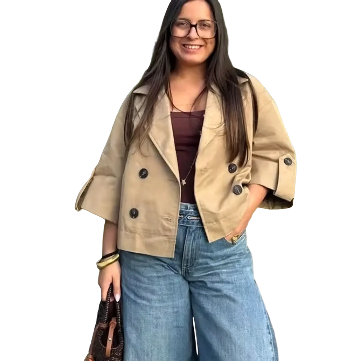Beige women cropped trench coat with double-breasted dark buttons and rolled-up sleeves in lightweight fabric