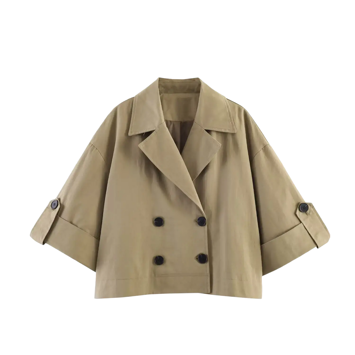 Women cropped trench coat beige double breasted outerwear with black buttons and rolled-up sleeves in lightweight fabric
