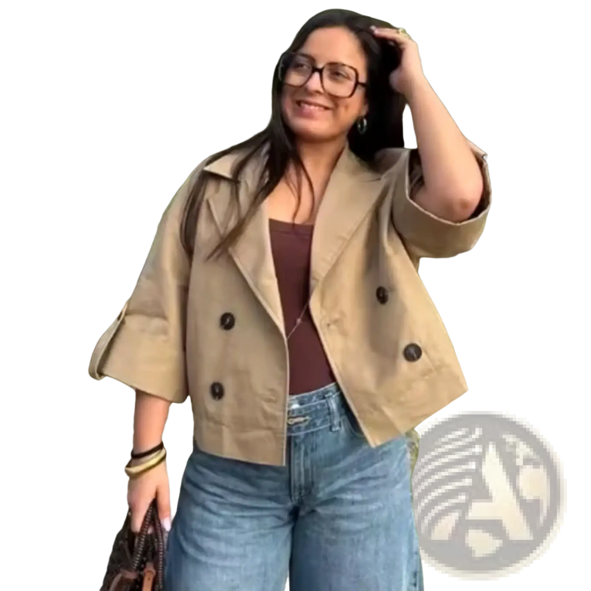 Beige double-breasted cropped trench coat for women with dark brown buttons suitable for stylish outerwear