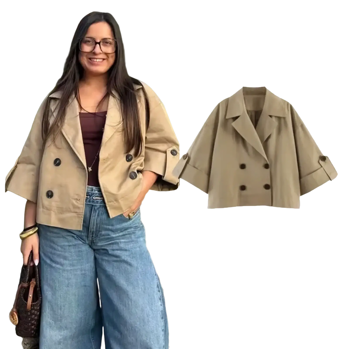 Women cropped trench coat in beige featuring double breasted design with dark buttons and rolled up sleeves