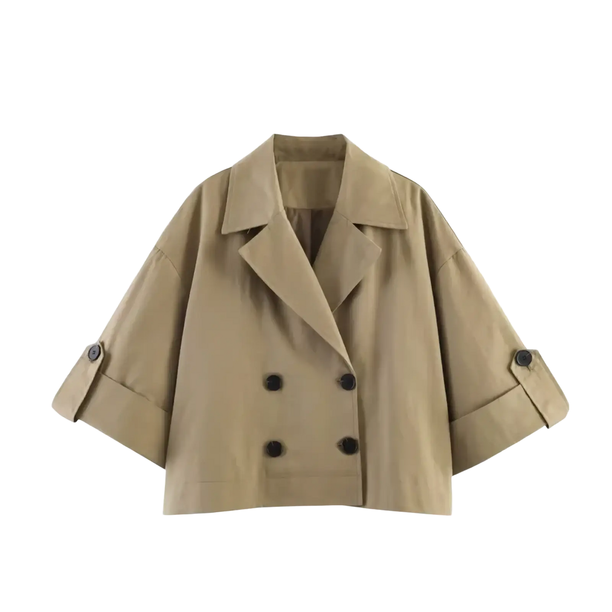 Beige women cropped trench coat featuring double-breasted design black buttons and rolled-up sleeves