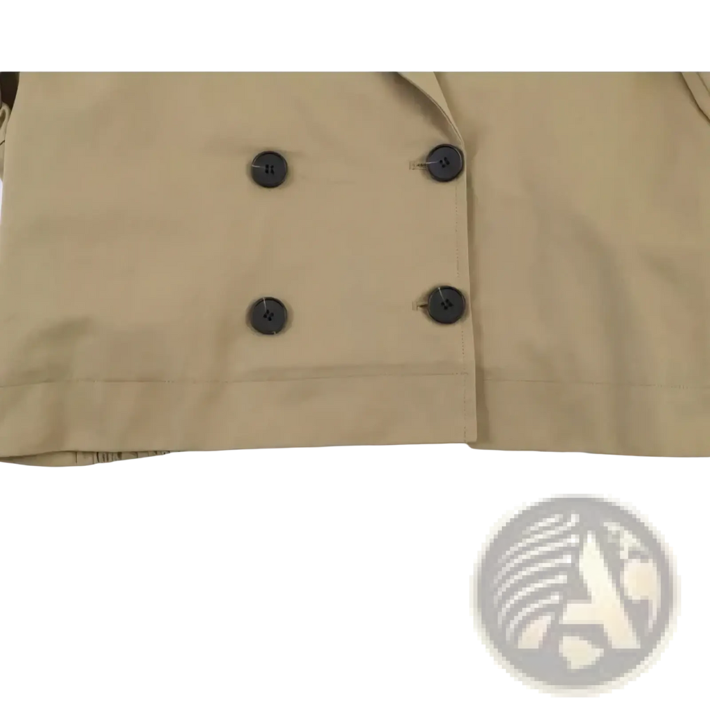 Beige cropped trench coat with black double-breasted buttons for women in lightweight outerwear design
