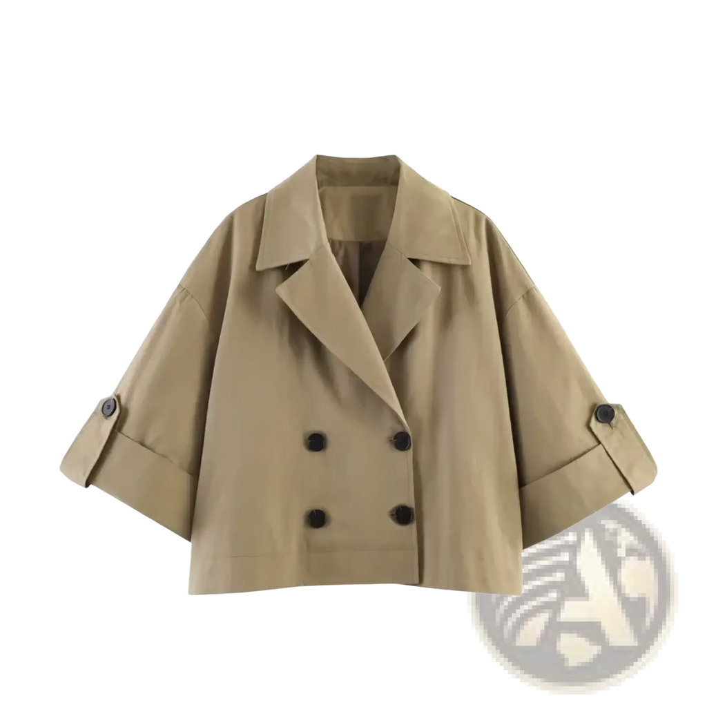 Beige women cropped trench coat featuring double-breasted design black buttons and rolled-up sleeves