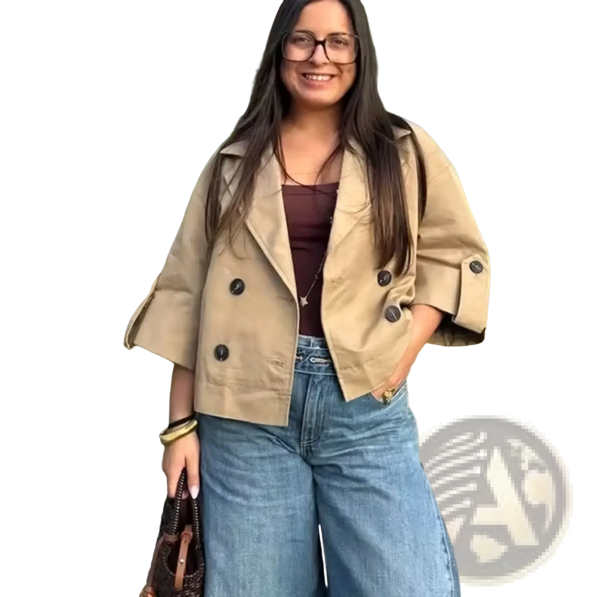 Beige women cropped trench coat with double-breasted dark buttons and rolled-up sleeves in lightweight fabric