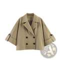 Women cropped trench coat beige double breasted outerwear with black buttons and rolled-up sleeves in lightweight fabric