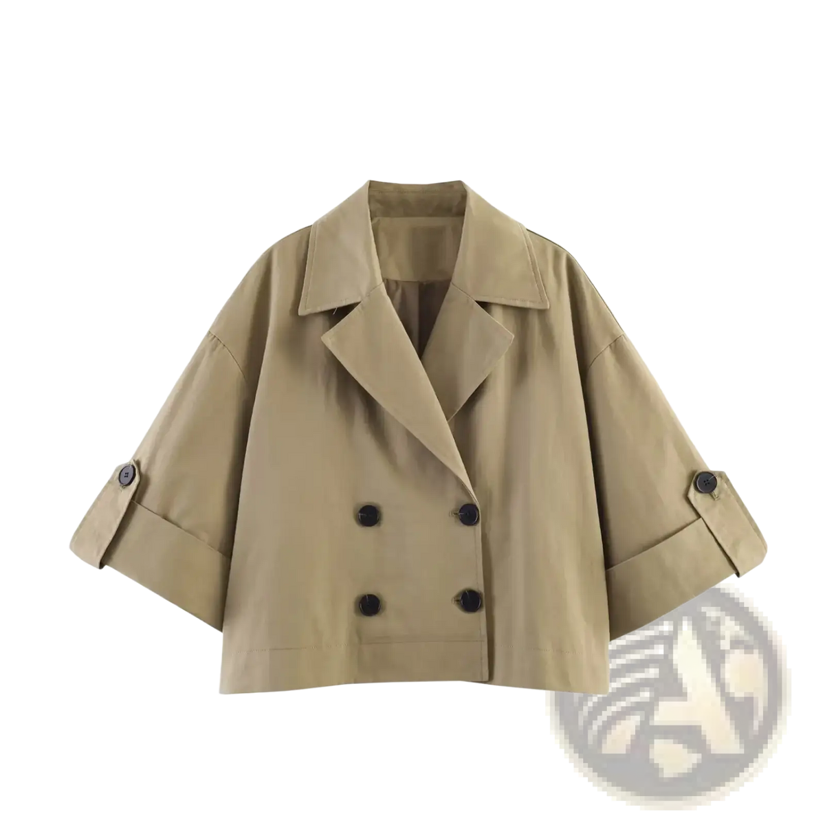 Women cropped trench coat beige double breasted outerwear with black buttons and rolled-up sleeves in lightweight fabric