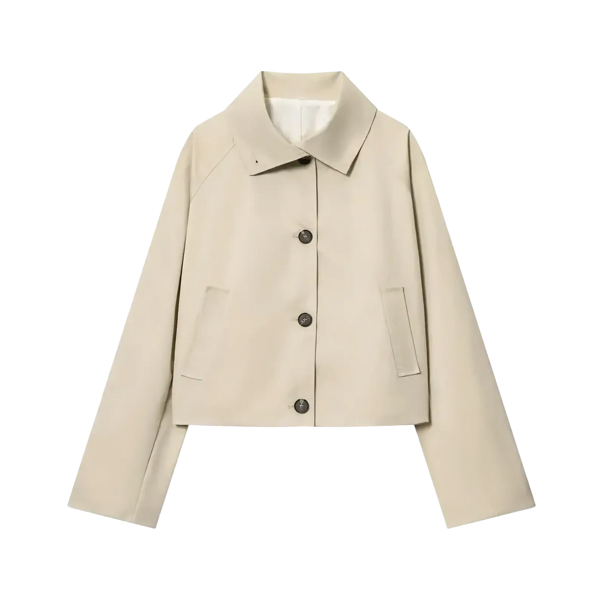Beige women cropped trench coat with collar and three dark buttons down the front perfect for a short windbreaker