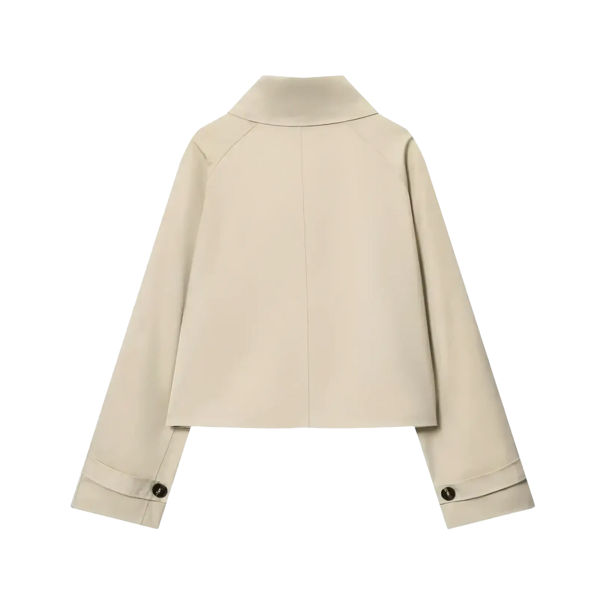 Beige women cropped trench coat with structured collar and buttoned cuffs made from lightweight material
