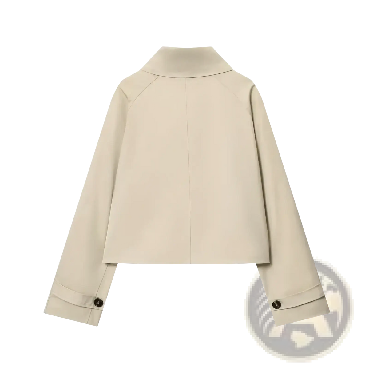 Beige women cropped trench coat with structured collar and buttoned cuffs made from lightweight material
