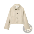Beige women cropped trench coat with collar and three dark buttons down the front perfect for a short windbreaker