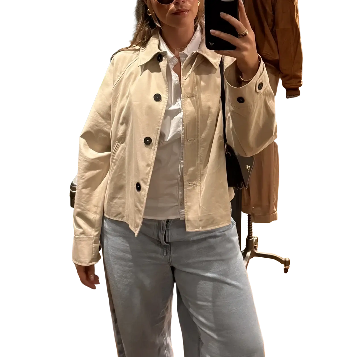 Women cropped trench coat beige short windbreaker featuring a beige utility-style jacket with black buttons and classic collar