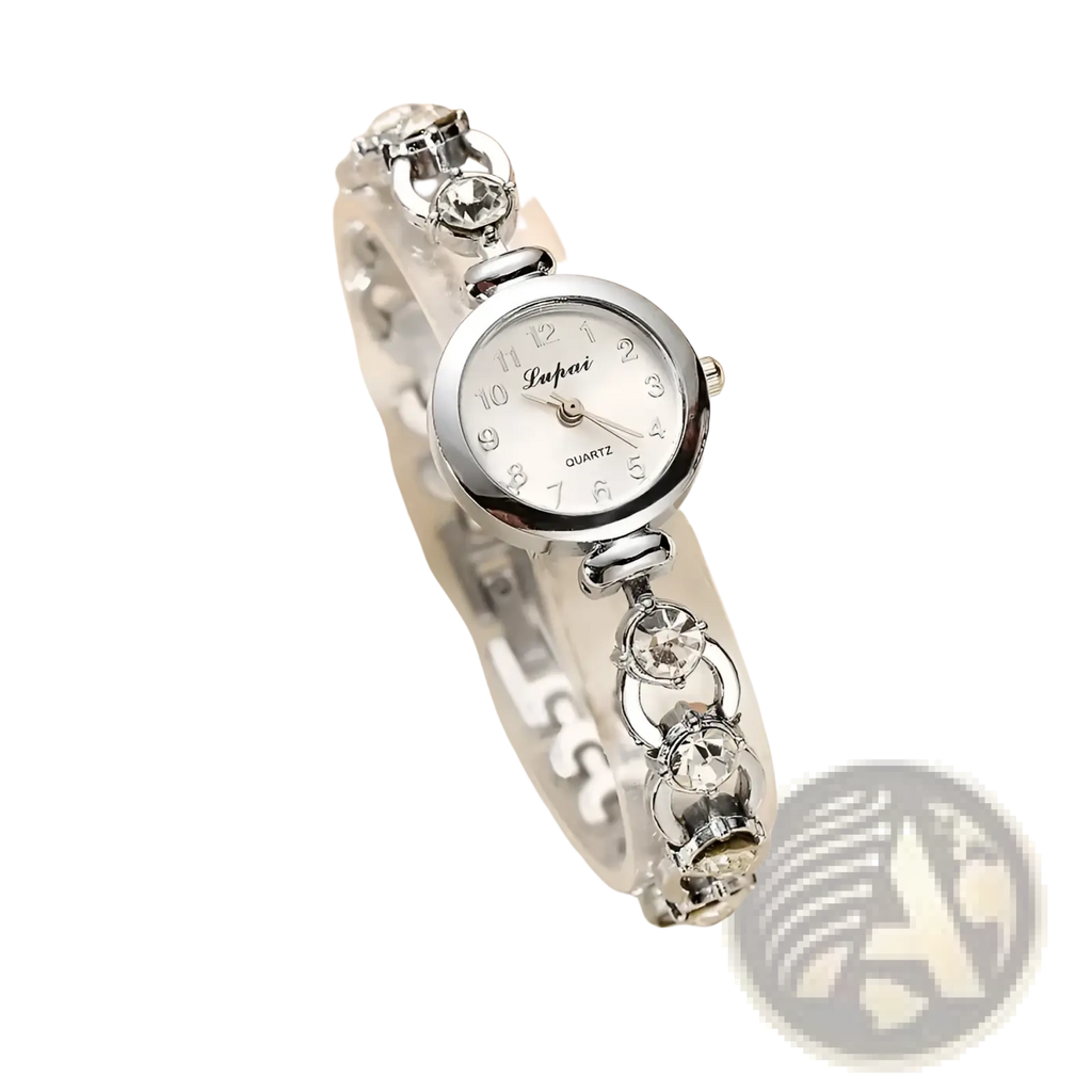 Silver-toned women crystal bracelet watch with delicate clear crystal accents and a round white dial with black numerals