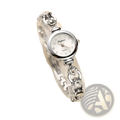 Silver-toned women crystal bracelet watch with delicate clear crystal accents and a round white dial with black numerals