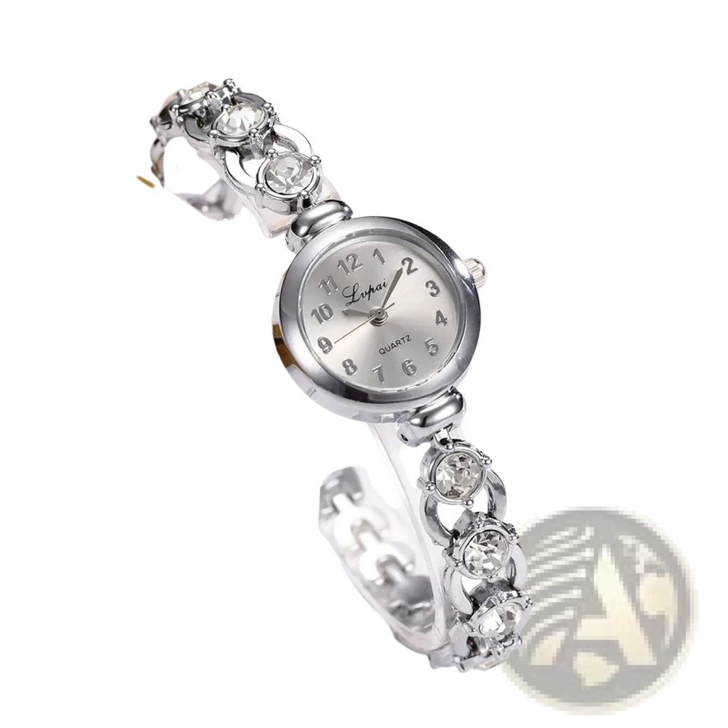 Silver-toned women crystal bracelet watch with round face, crystal-encrusted links, and minimalist black numeral dial