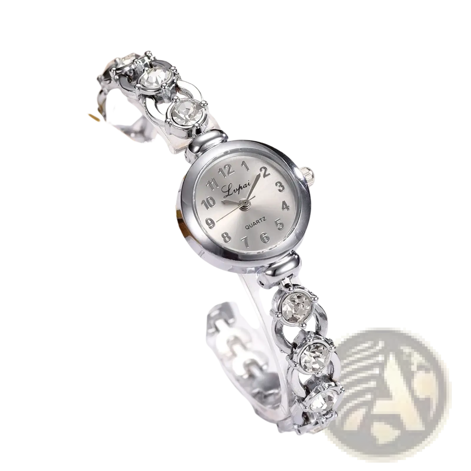Silver-toned women crystal bracelet watch with round face, crystal-encrusted links, and minimalist black numeral dial