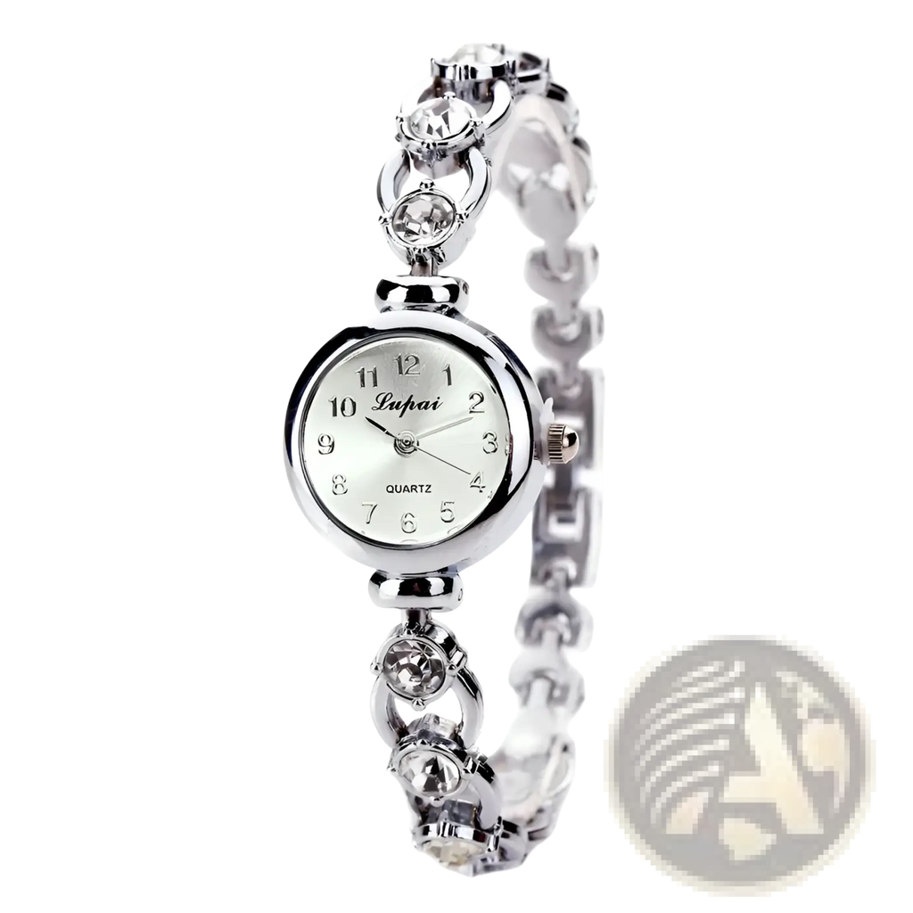 Silver-toned lafai quartz women crystal bracelet watch with round white dial and clear crystal chain-link bracelet