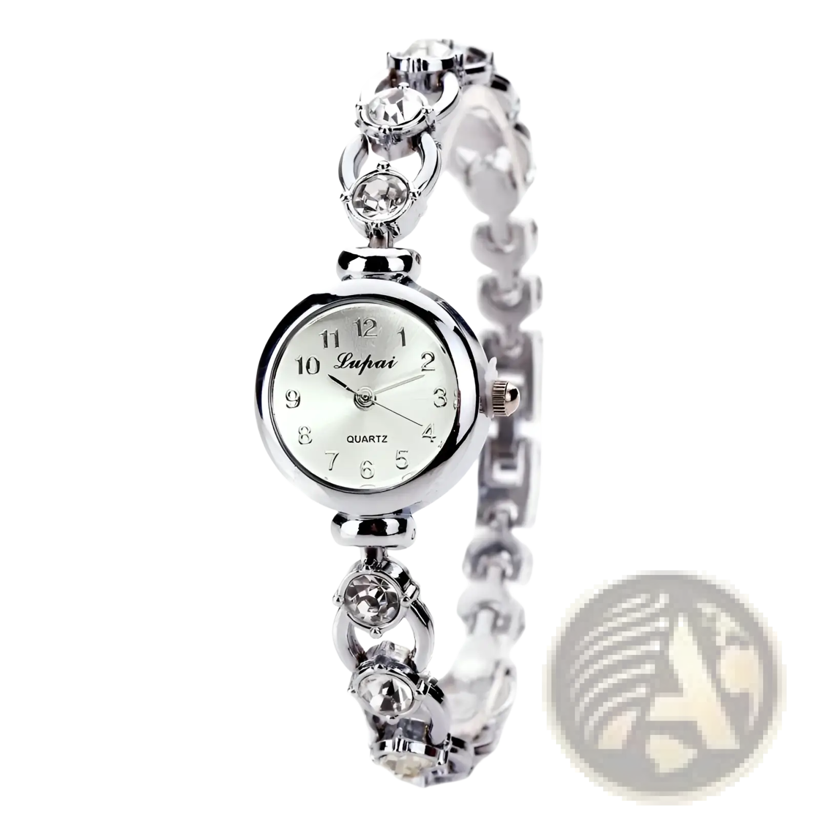 Silver-toned lafai quartz women crystal bracelet watch with round white dial and clear crystal chain-link bracelet
