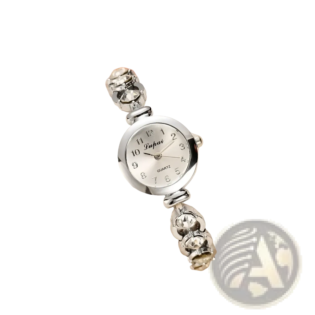 Silver-toned women crystal bracelet watch with round white dial, black numerals, lufhai brand, and crystal-encrusted links