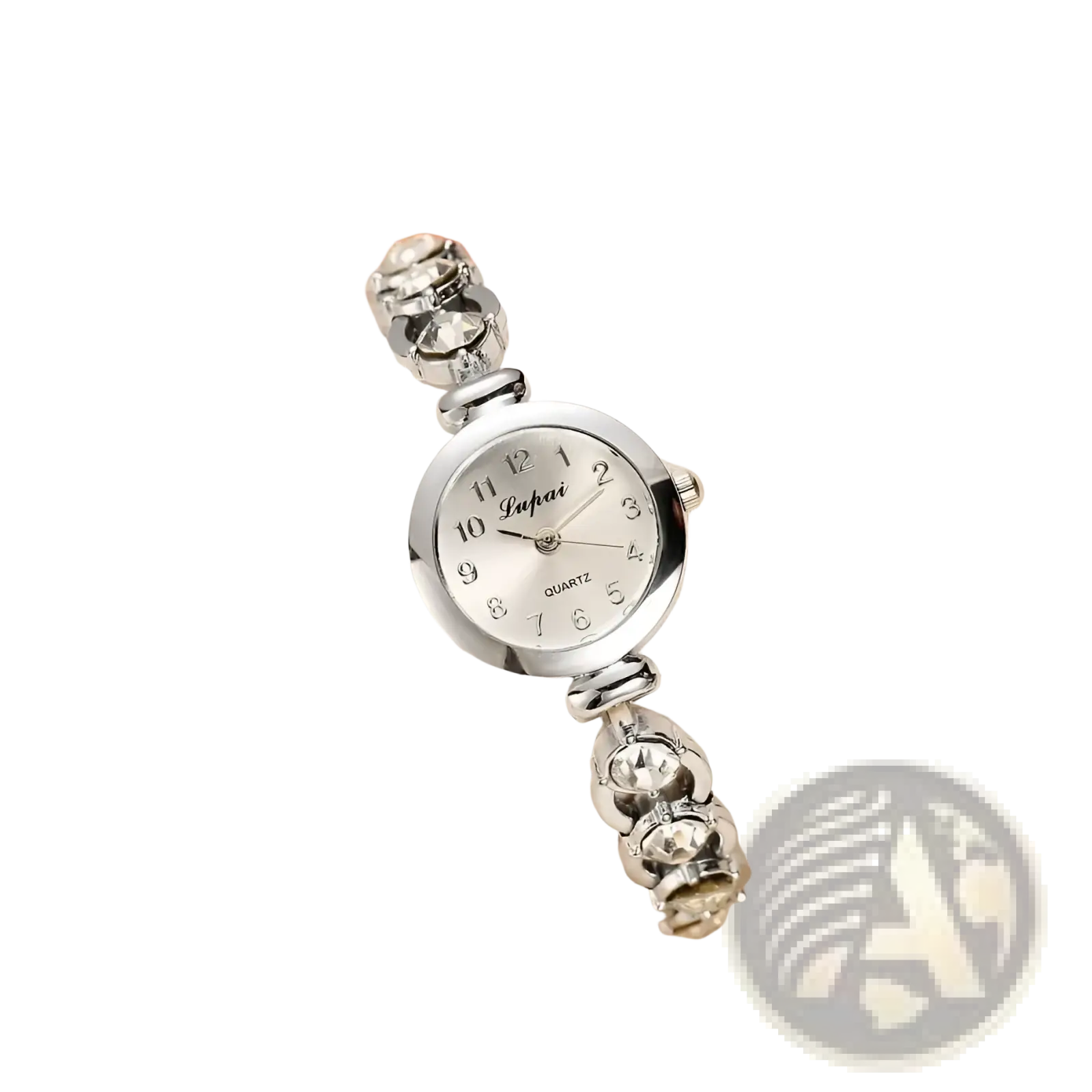 Silver-toned women crystal bracelet watch with round white dial, black numerals, lufhai brand, and crystal-encrusted links