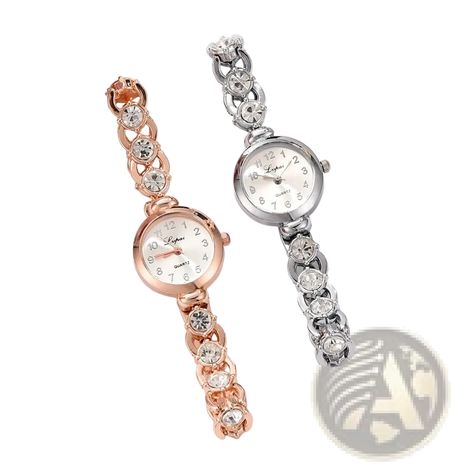 Two elegant women’s crystal bracelet watches luxury quartz dress timepieces in rose gold and silver with white dials