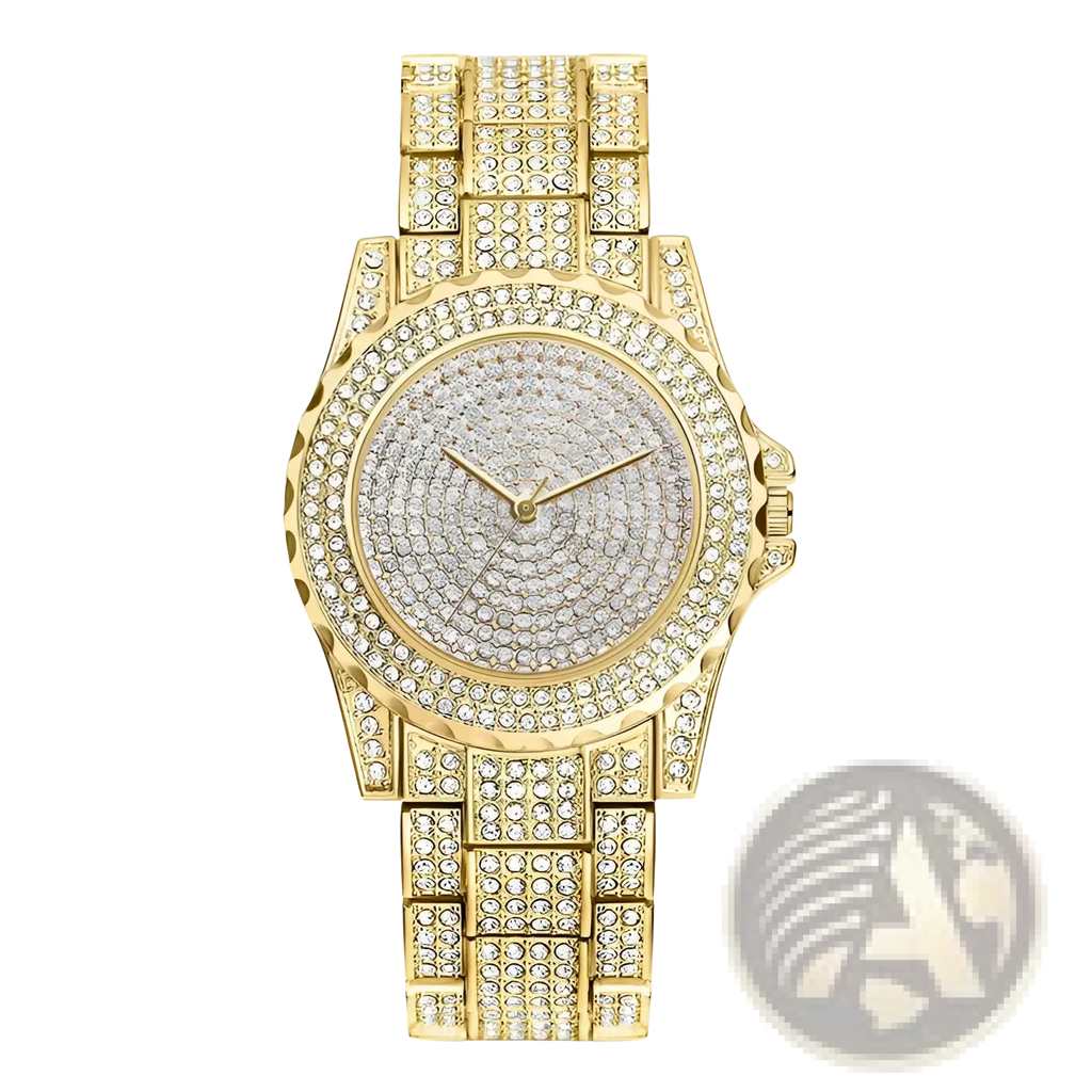 Gold-tone women crystal diamond stainless steel quartz watch with diamond-encrusted face band and rectangular case design