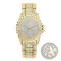 Gold-tone women crystal diamond stainless steel quartz watch with diamond-encrusted face band and rectangular case design