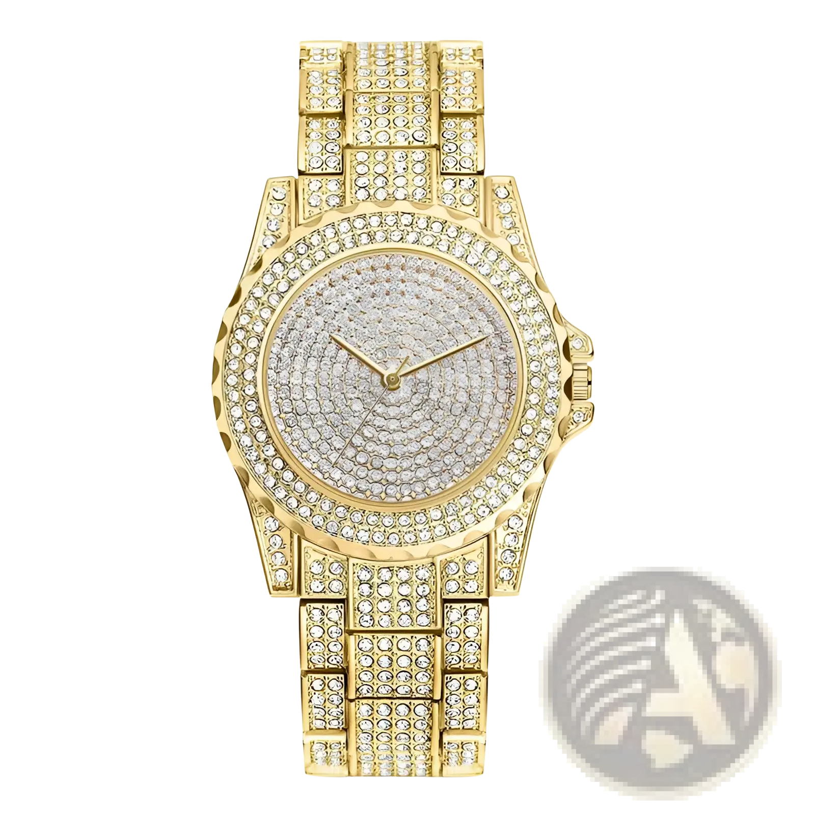 Gold-tone women crystal diamond stainless steel quartz watch with diamond-encrusted face band and rectangular case design