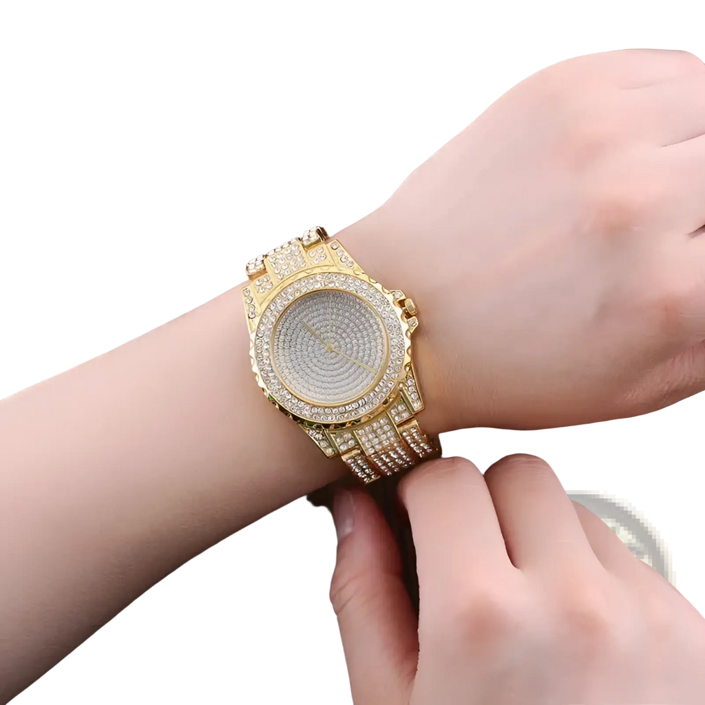 Women crystal diamond stainless steel quartz watch in gold tone with a diamond-encrusted intricate sparkling design
