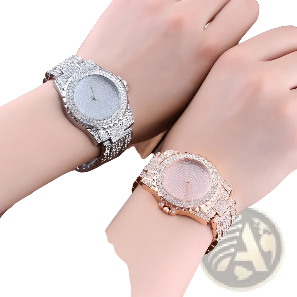 A pair of women crystal diamond stainless steel quartz watches with silver and rose gold cases and crystal bezels