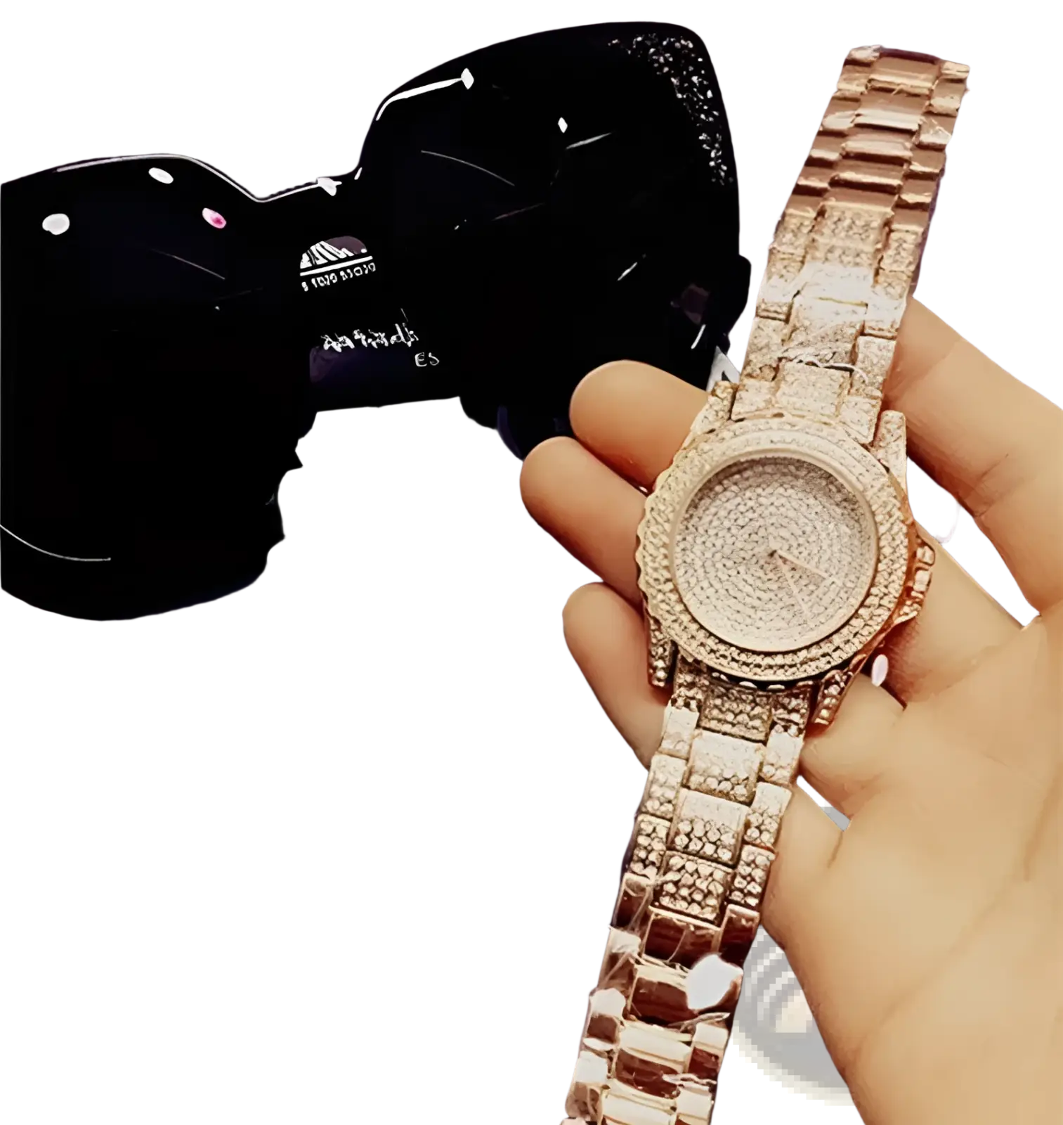 A rose gold women crystal diamond stainless steel quartz watch with diamond-encrusted face and band held next to sunglasses