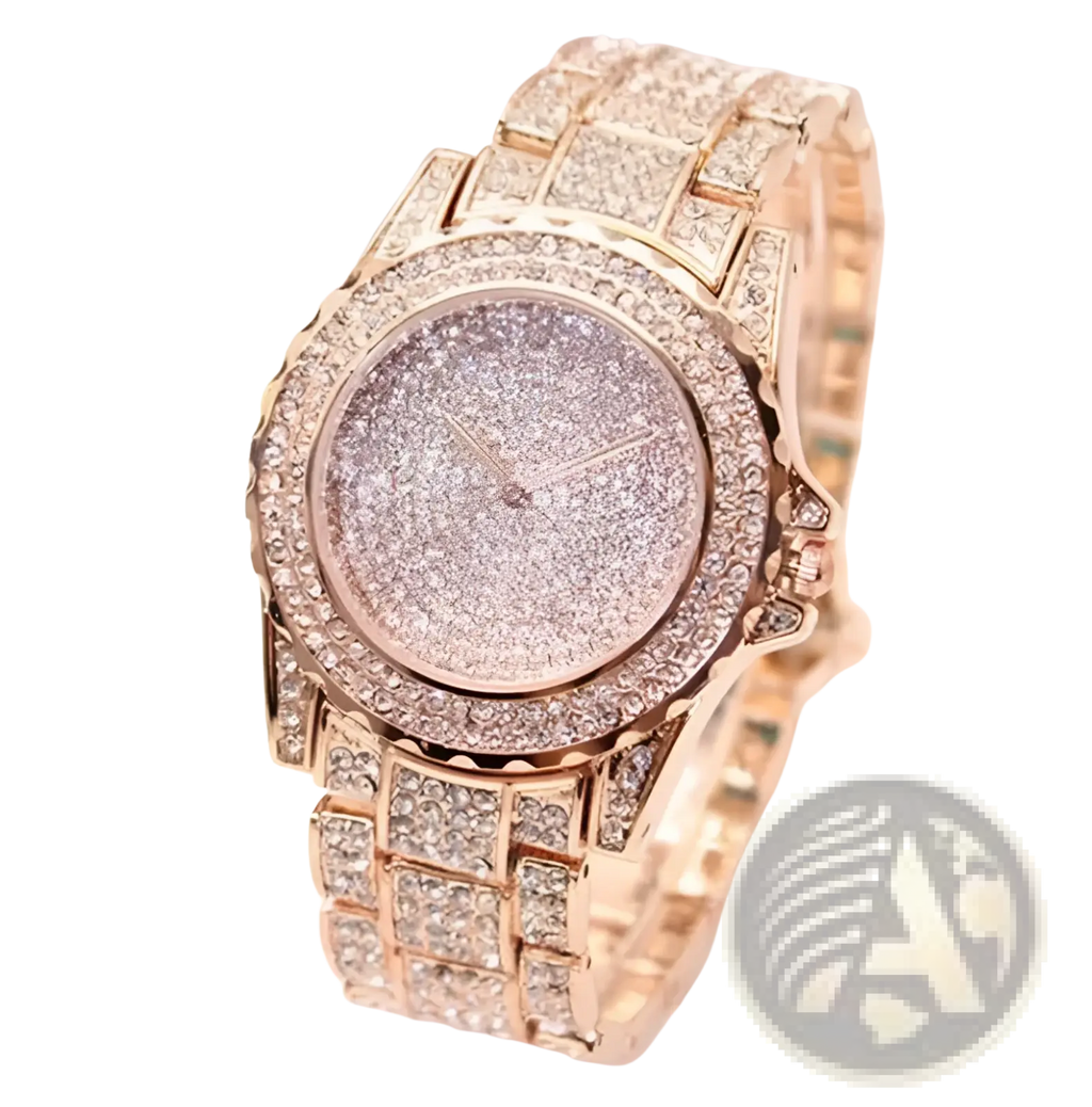 A rose gold women crystal diamond stainless steel quartz watch with a sparkling diamond-encrusted face and band