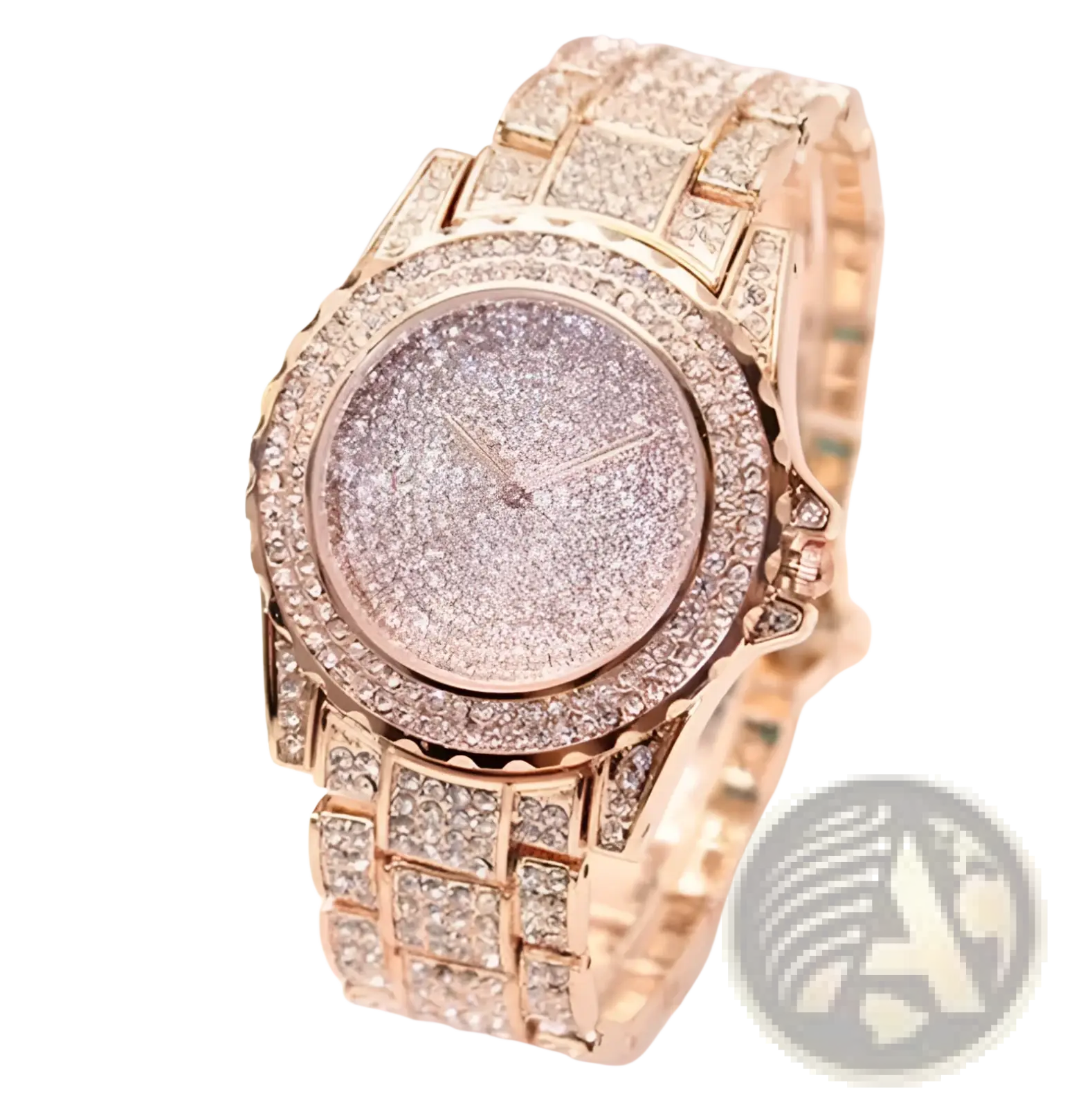 A rose gold women crystal diamond stainless steel quartz watch with a sparkling diamond-encrusted face and band