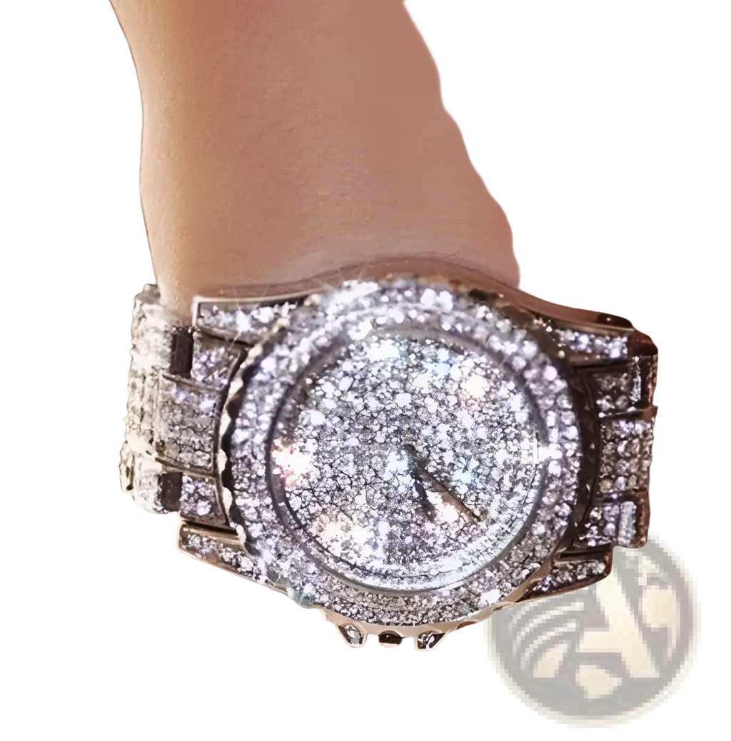 Women crystal diamond stainless steel quartz watch with dazzling silver diamond-encrusted bezel and intricate link bracelet