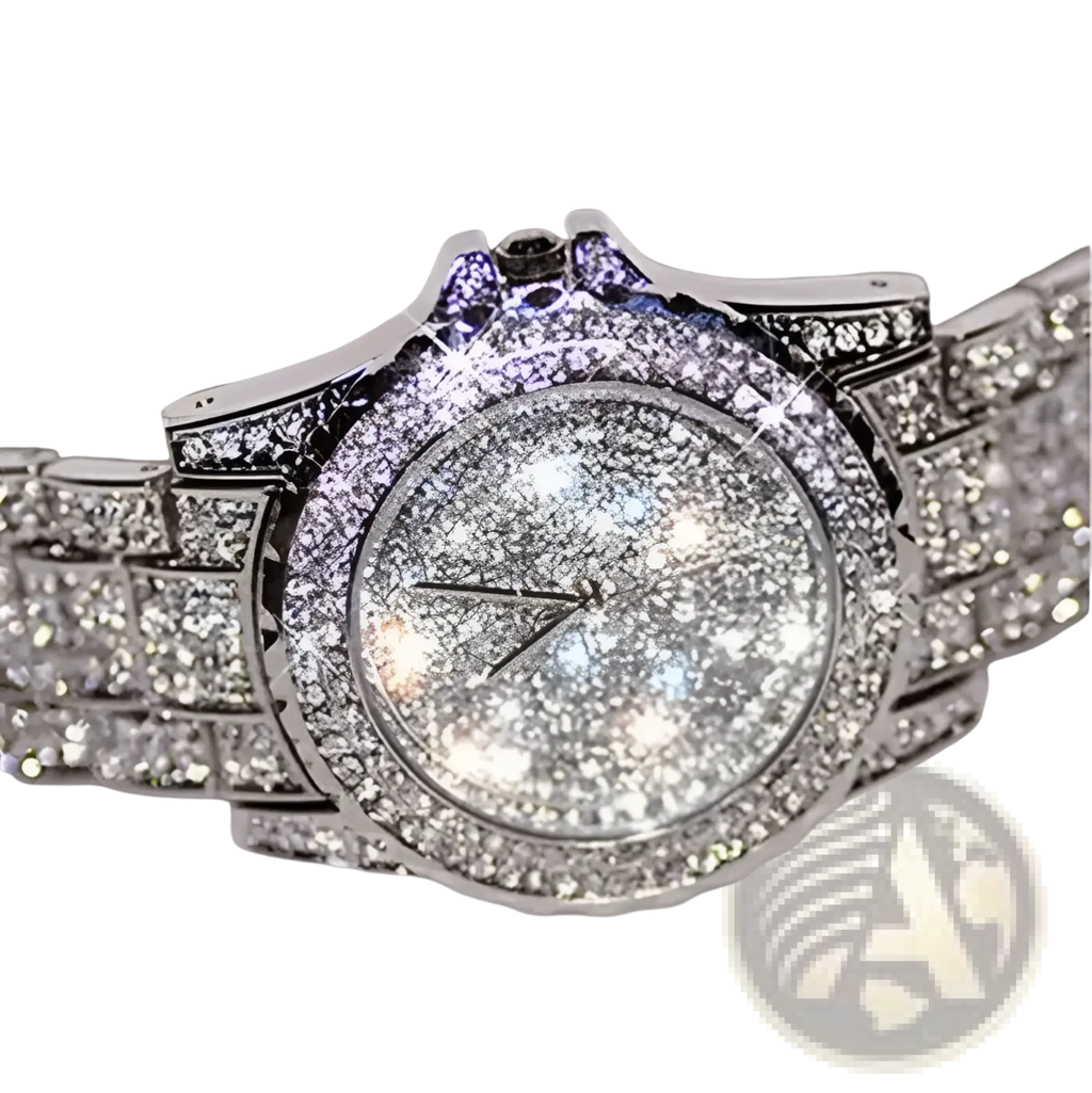 A sparkling silver women crystal diamond stainless steel quartz watch with a diamond-encrusted face and band