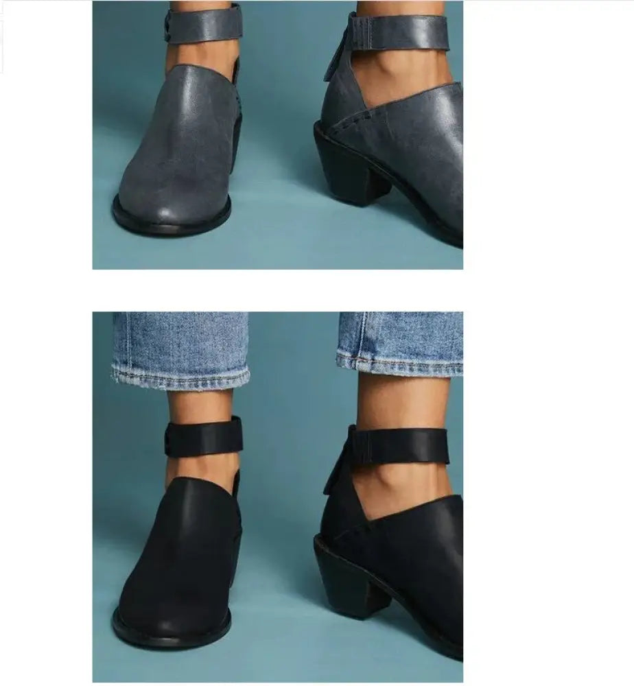 Black leather cut-out buckle ankle boots with low block heel and ankle strap for women shown from the back side