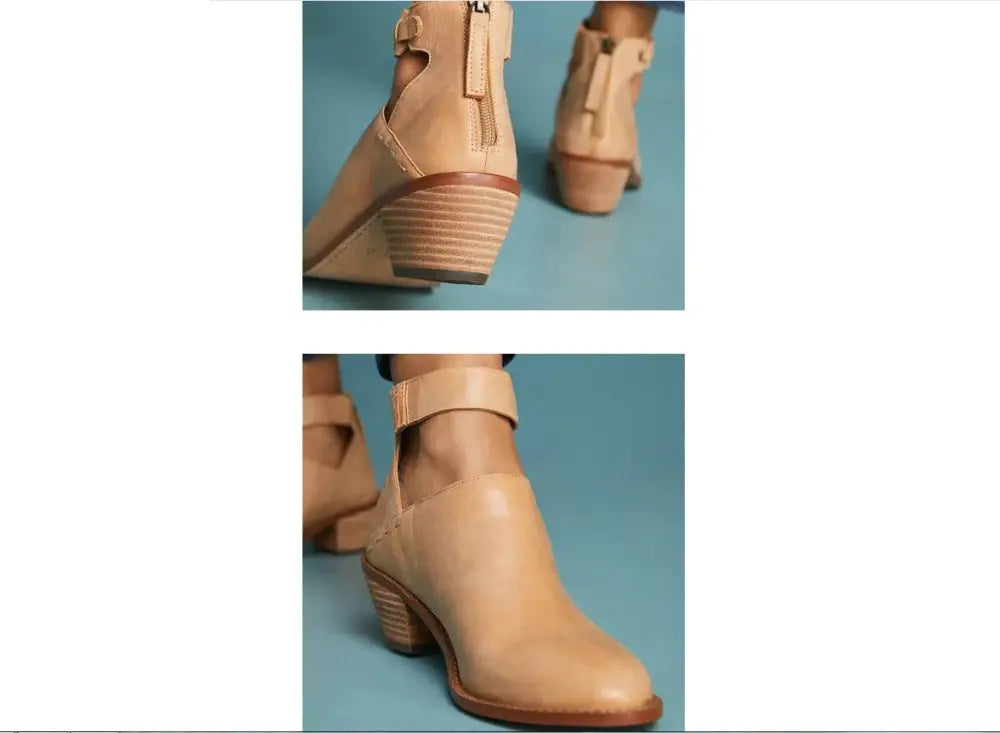 Tan leather women’s cut-out ankle boot with stacked heel buckle and side zipper closure