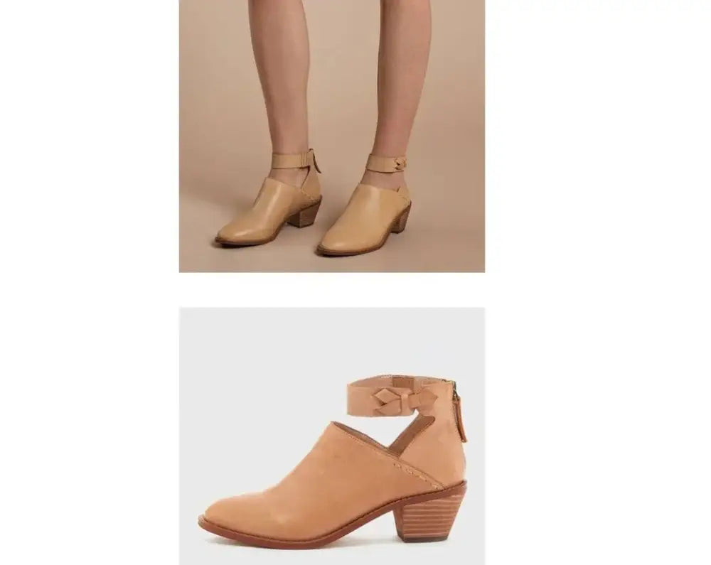 Tan leather women’s cut-out ankle boots with low block heel and adjustable buckle strap across the foot