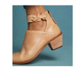 Women’s cut-out tan leather ankle boots with bow detail buckle and stacked heel for stylish everyday wear