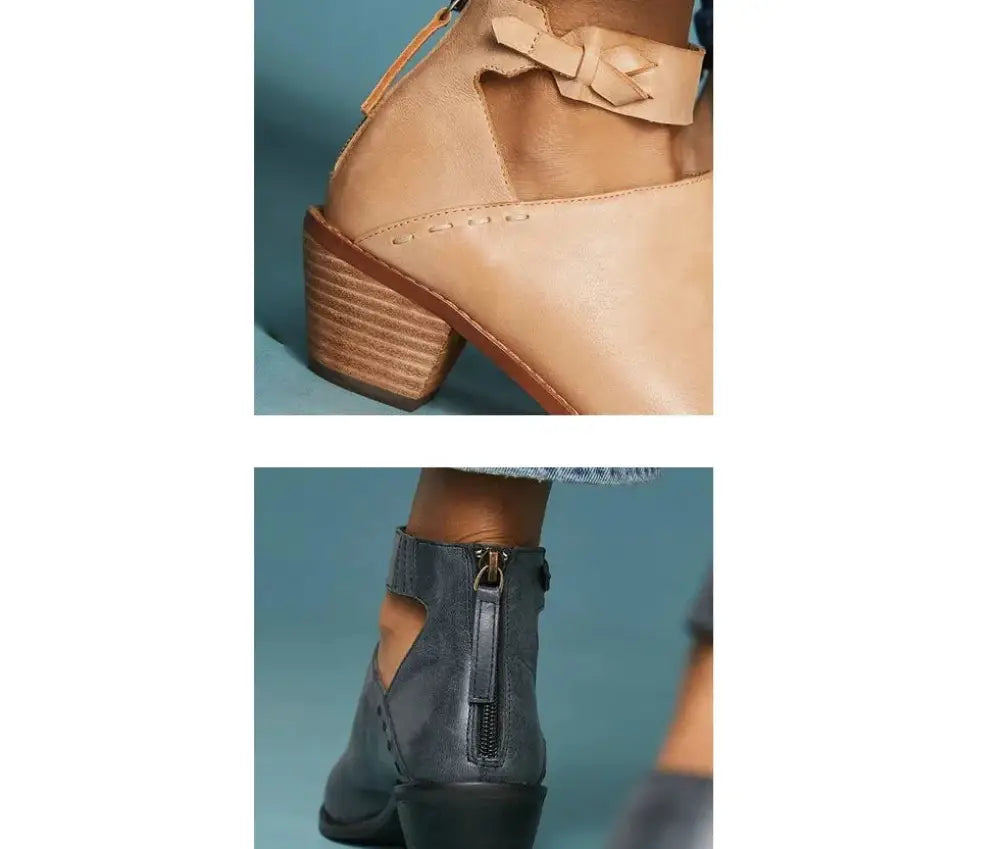 Women’s cut-out leather buckle ankle boots in tan suede with bow detail and dark gray suede with side zipper